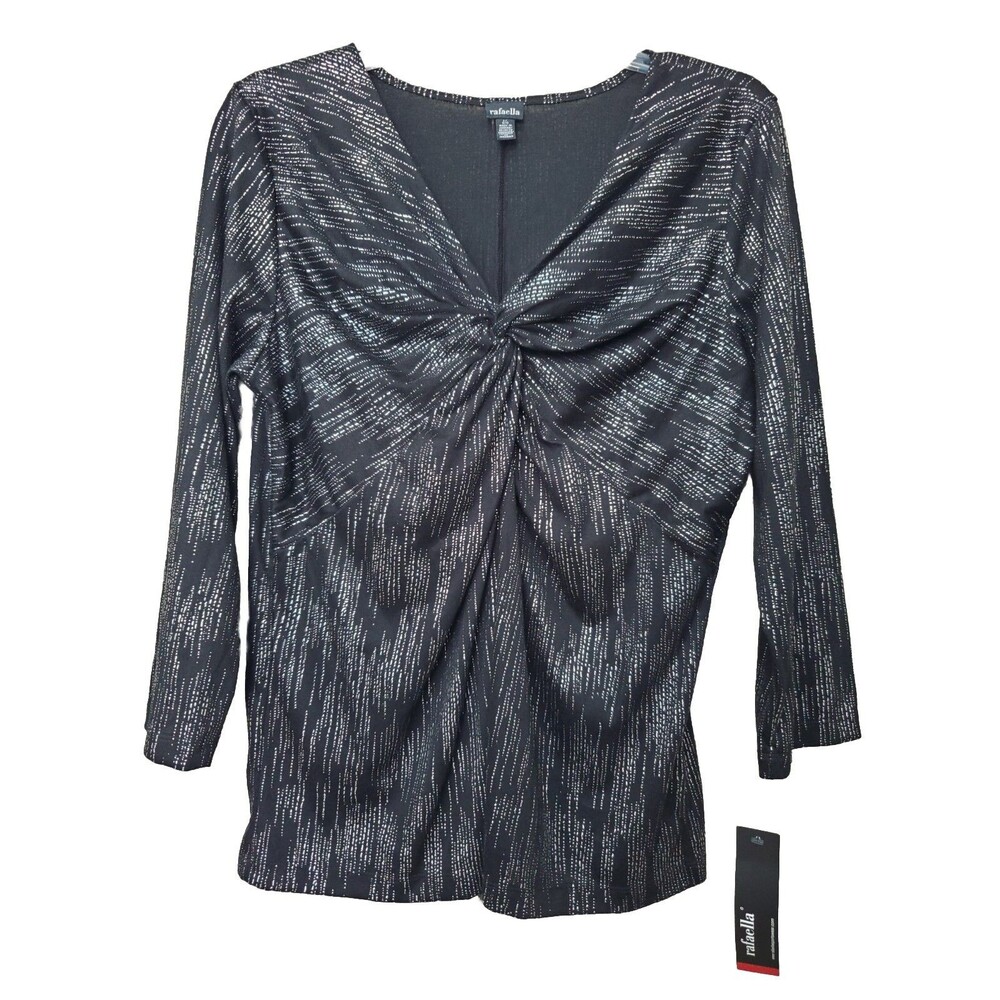 Rafaella Black with Silver Sparkle Twist Front 3/4 Sleeve Blouse Size Large NWT